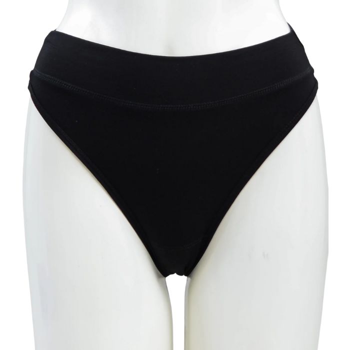 body of white female mannequin wearing black la thong underwear front view on white background