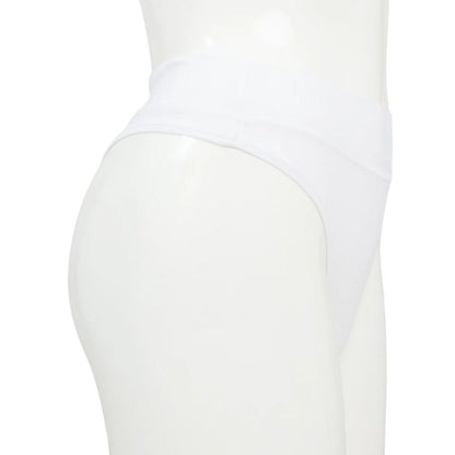 body of white female mannequin wearing snow white la thong underwear side view on white background
