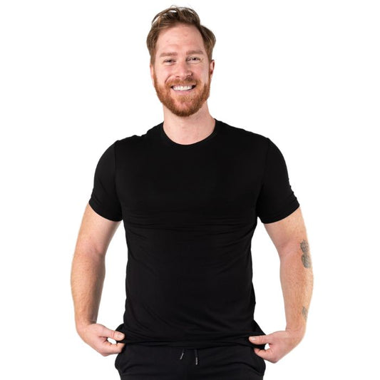 Lawrence Crew Neck t-shirt black front view of top on model