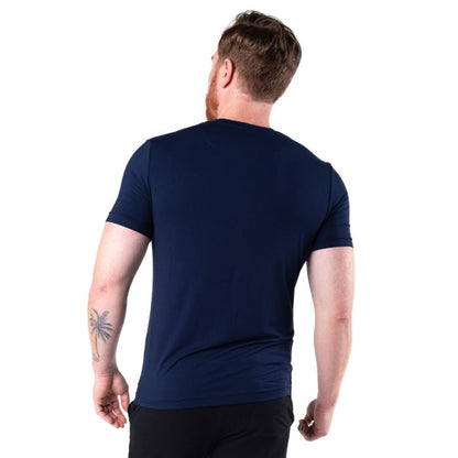Lawrence Crew Neck t-shirt ink blue side view of top on model