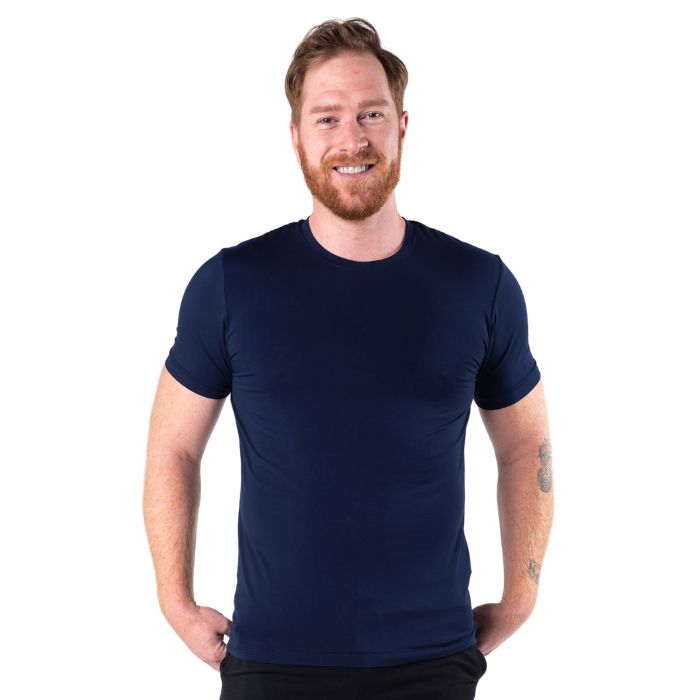 Lawrence Crew Neck t-shirt ink blue front view of top on model