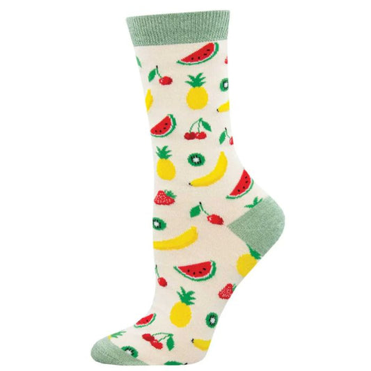 Lets get fruity sock ivory white crew sock with a variety of fruit print