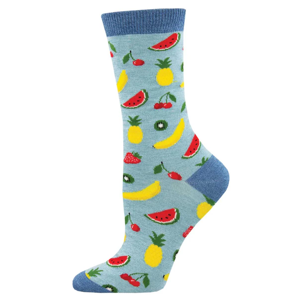 Lets get fruity sock light blue crew sock with a variety of fruit print