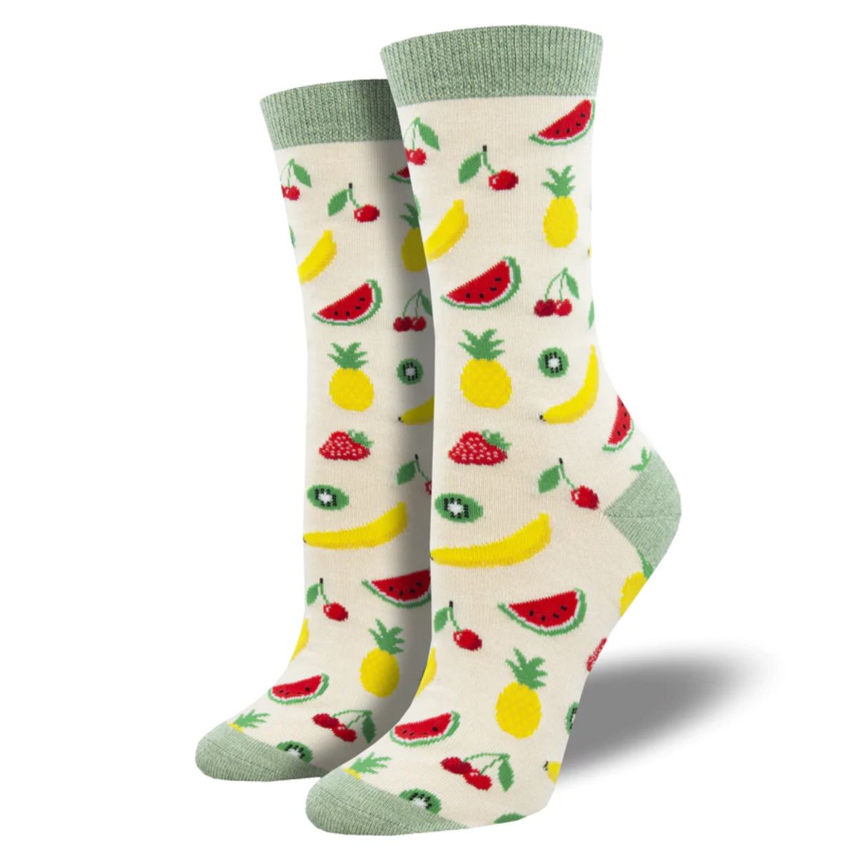 Lets get fruity socks a pair of white crew socks with fruit print