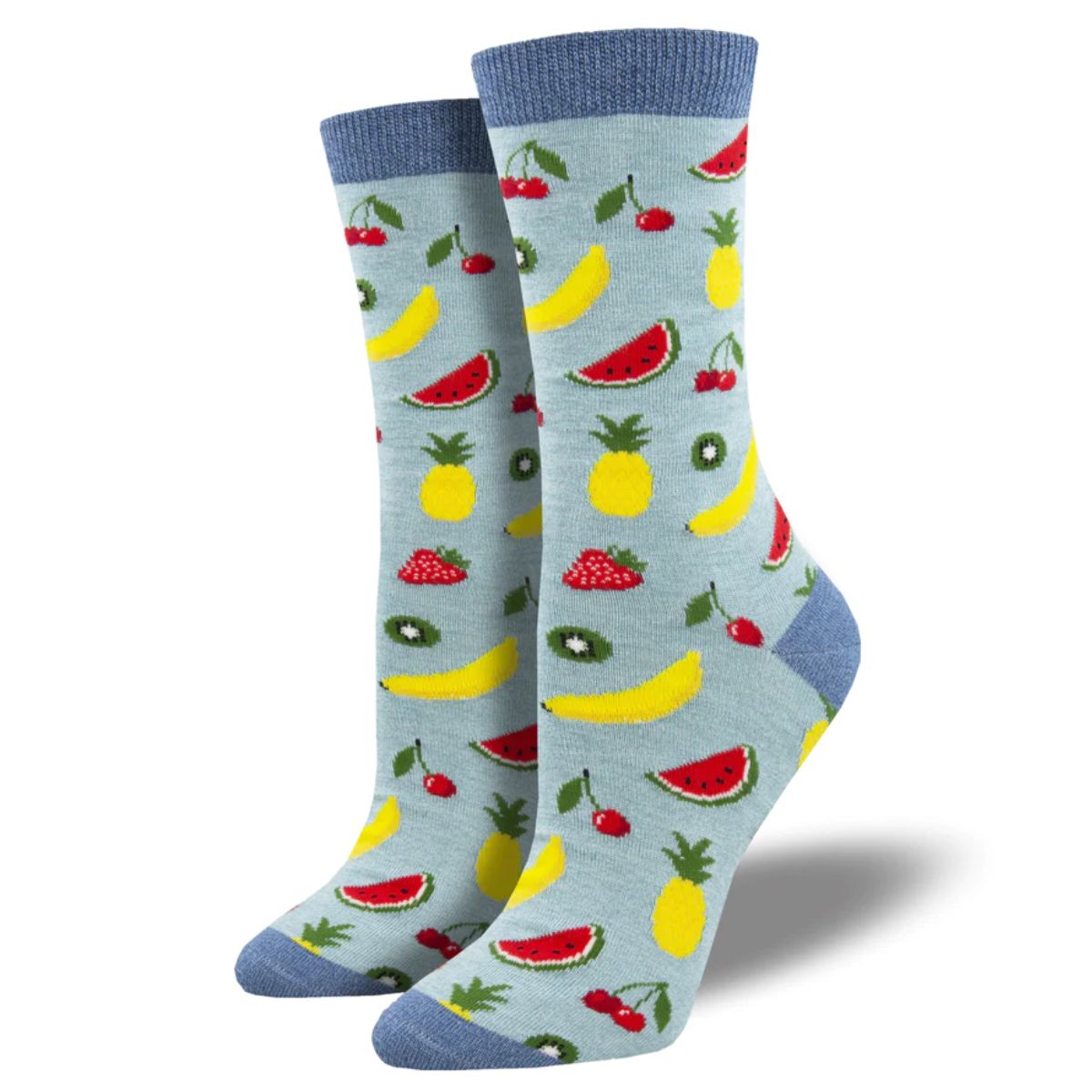 Lets get fruity socks a pair of light blue crew socks with fruit print