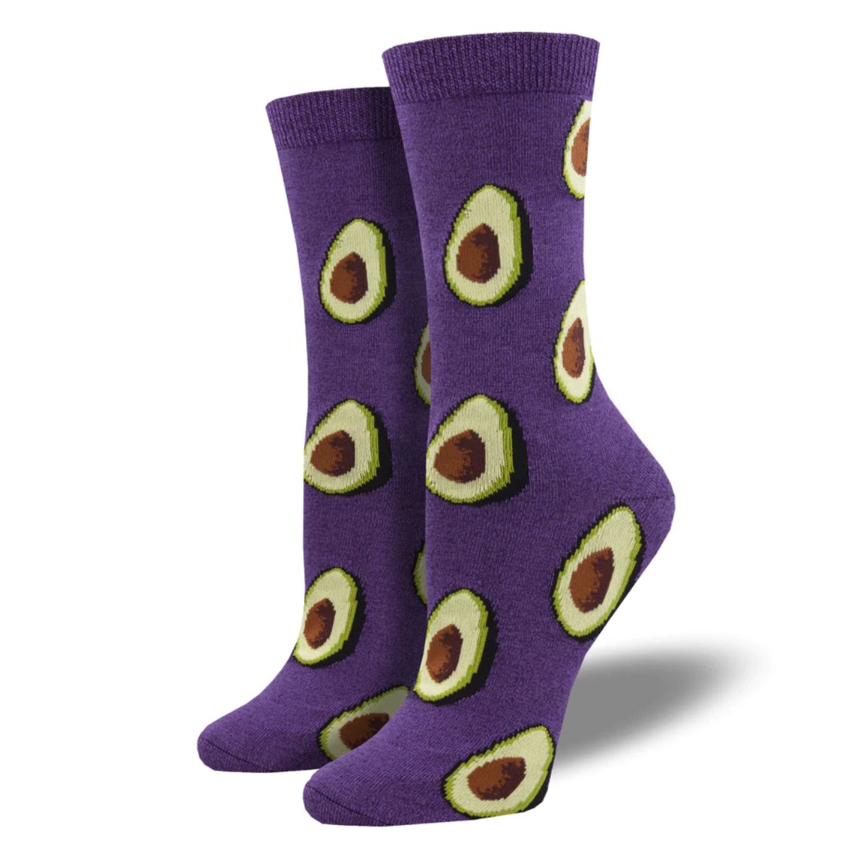 lets guac about it a pair of purple crew socks with halved avocado print