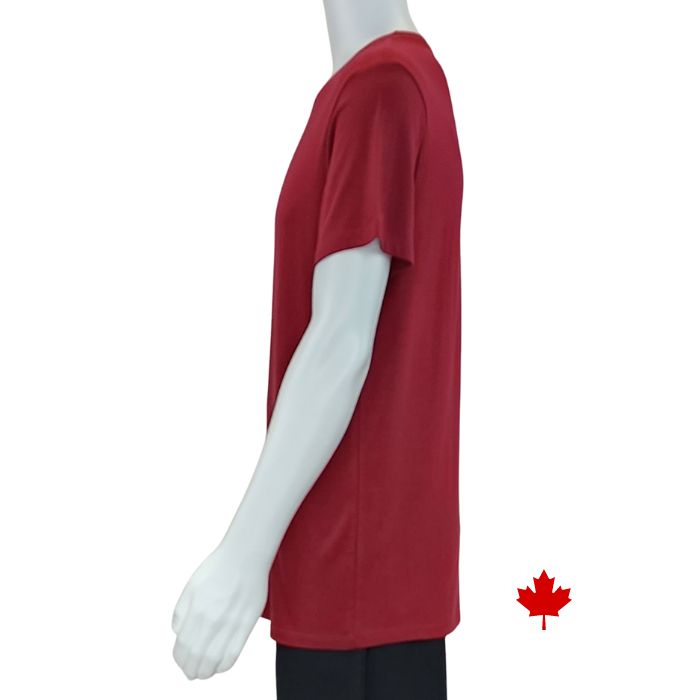 Lex crew neck t-shirt burgundy red side view of top on mannequin