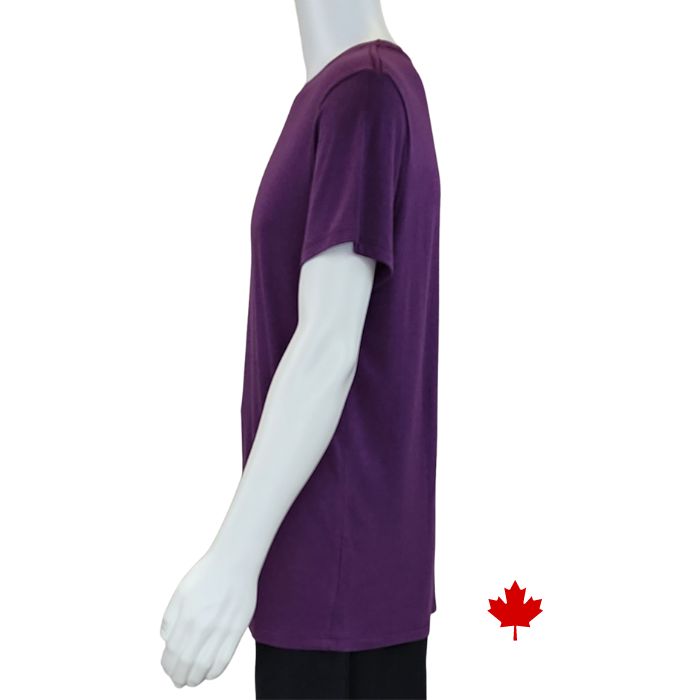 Lex crew neck t-shirt plum purple side view of top on mannequin