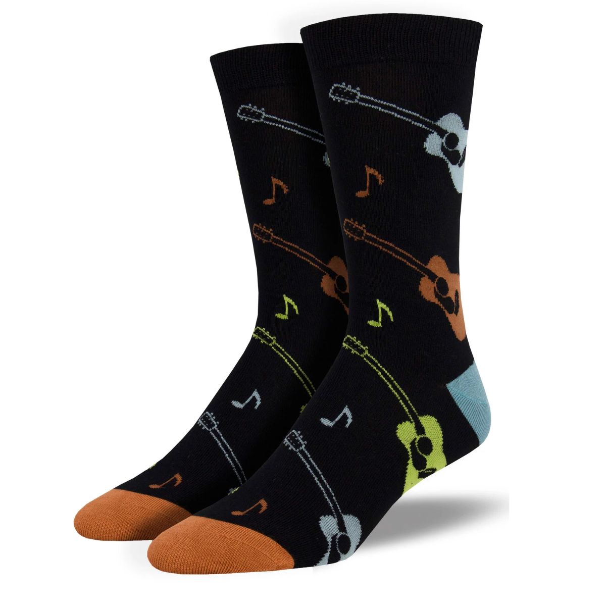 Listen to the music socks a pair of black crew socks with guitar and music print