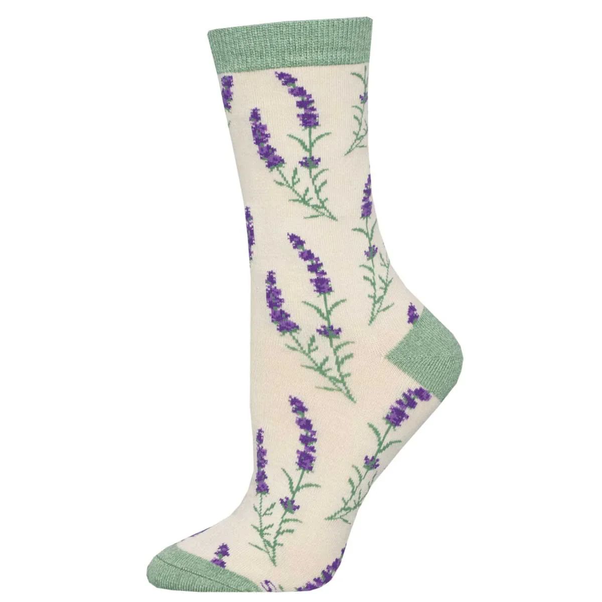 lovely lavender sock ivory white crew sock with sprigs of lavender print
