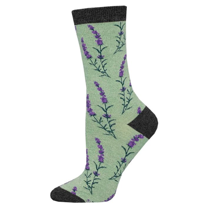 lovely lavender pair of green crew socks with lavender plant print