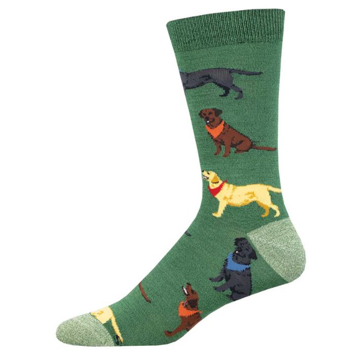 dark green crew sock with different types of labrador dog print