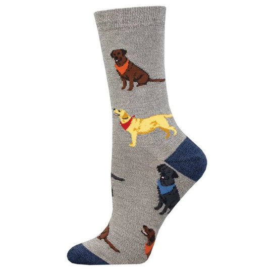 loving labradors sock, grey crew sock with different types of labrador dog print