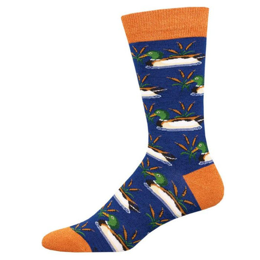 Many mallard ducks sock navy heather blue sock with mallard duck print. 