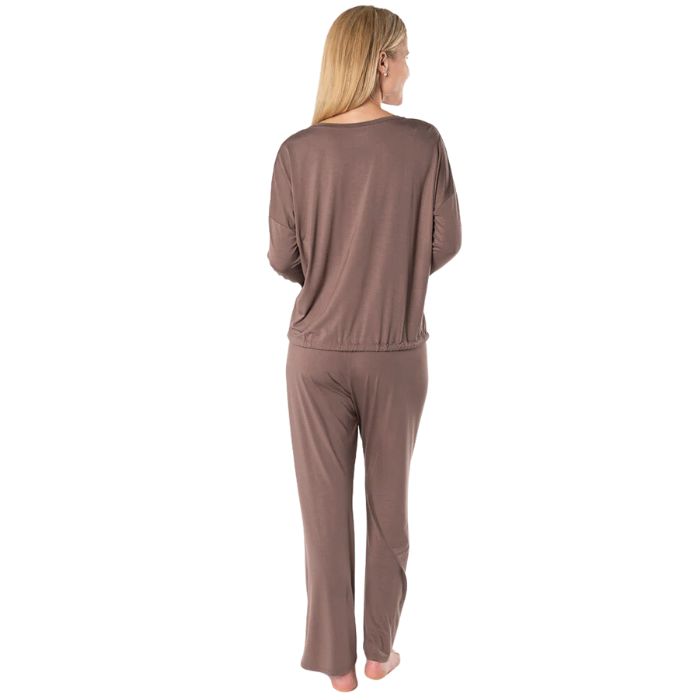 latte brown marcie lounge set long sleeve top with pants full body back view on model
