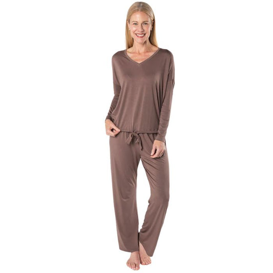 latte brown marcie lounge set long sleeve top with pants full body front view on model