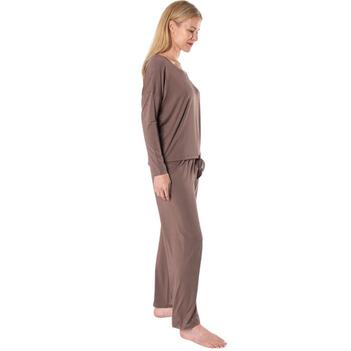 latte brown marcie lounge set long sleeve top with pants full body side view on model