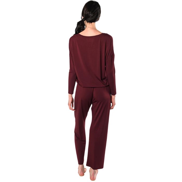 wine red marcie lounge set long sleeve top with pants full body back view on model