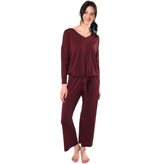 wine red marcie lounge set long sleeve top with pants full body front view on model