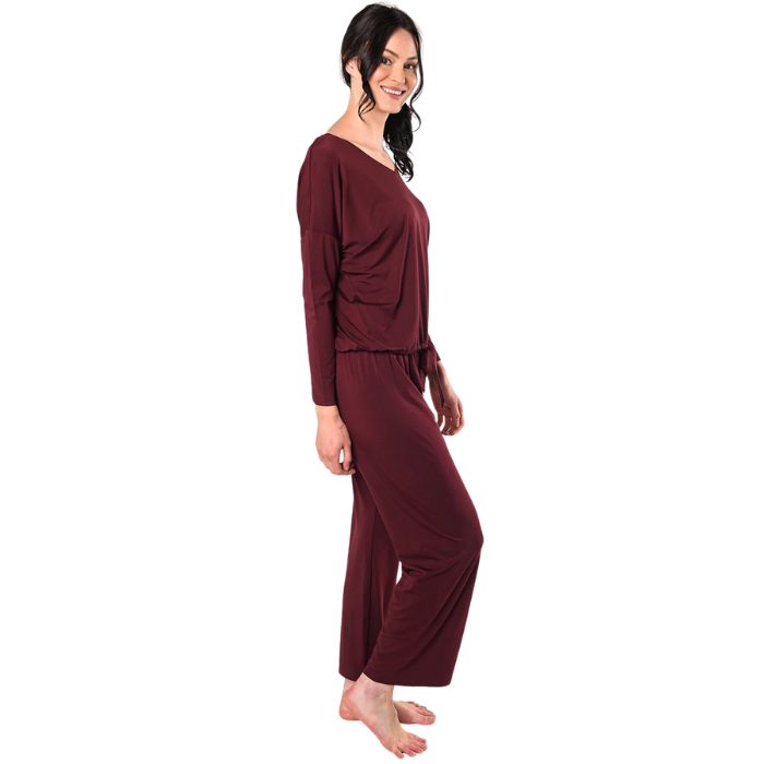 wine red marcie lounge set long sleeve top with pants full body side view on model