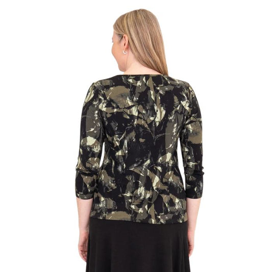 woman wearing margorie  khaki oak three quarter sleeve top print back view set on a white background