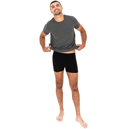 man wearing black boxer briefs and charcoal grey lawrence crew tee front view set on a white background