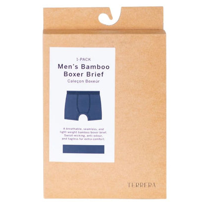 front view of mens terrera ink blue boxer brief package set on a white background