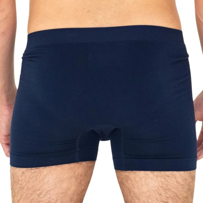 man wearing ink blue terrera boxer briefs close up back view set on a white background