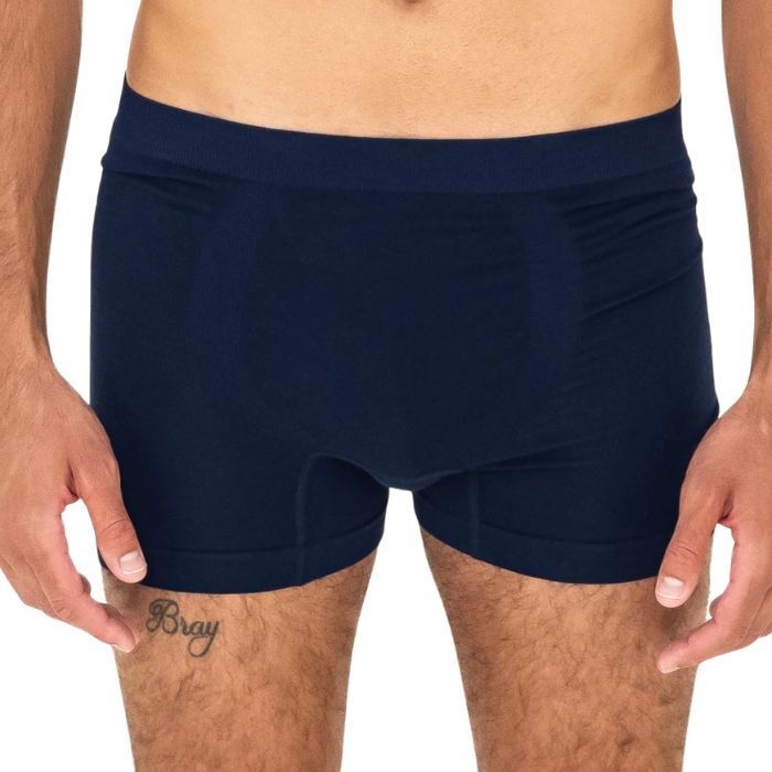 man wearing ink blue terrera boxer briefs close up front view set on a white background