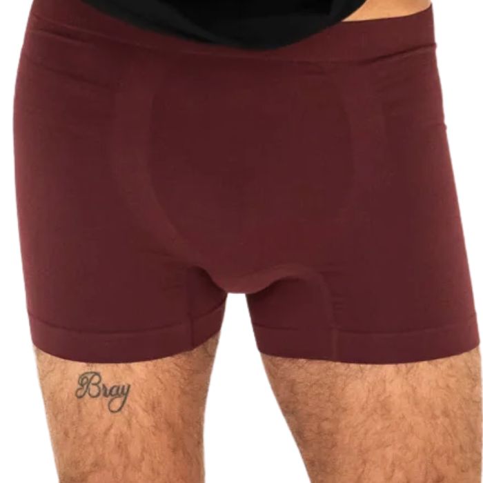 man wearing maroon red terrera boxer briefs close up front view set on a white background