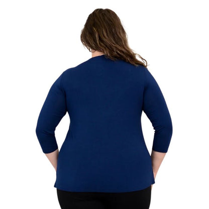 top half of female model wearing mia indigo blue three quarter sleeve top back view of top on white background