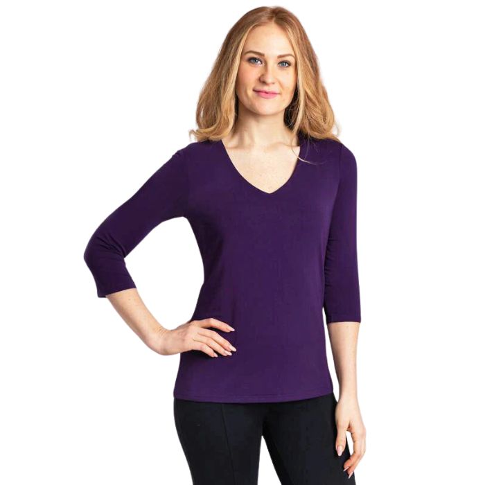 front view of mia royal purple three quarter sleeve top on model