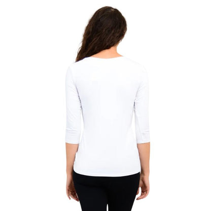 top half of model wearing mia white three quarter sleeve top back view of top on white background