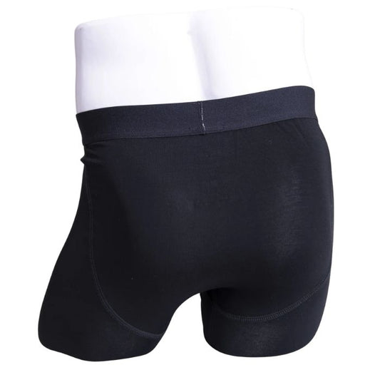 body of male mannequin wearing middle man black boxer brief undershorts front view on white background