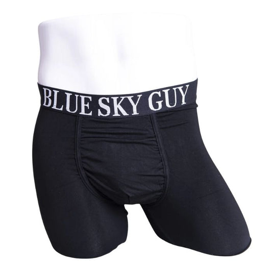 body of male mannequin wearing middle man black boxer brief undershorts front view on white background