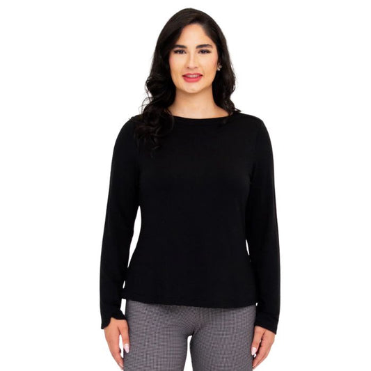 top of female model wearing mona black long sleeve top front view on white background