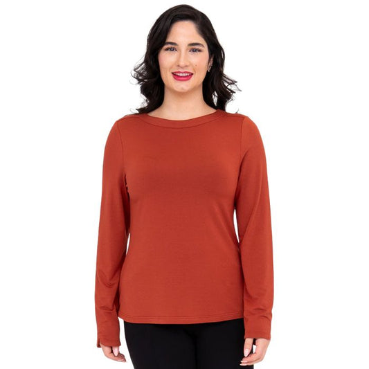 top of female model wearing mona cuprum orange long sleeve top front view on white background