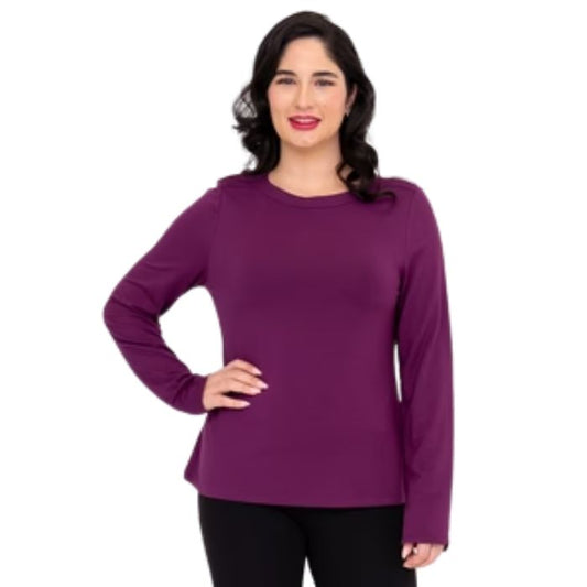 top of female model wearing mona magenta purple long sleeve top front view on white background