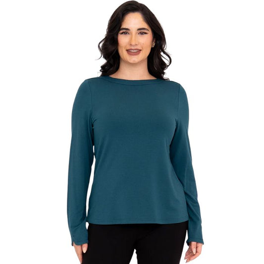 top of female model wearing mona teal green long sleeve top front view on white background