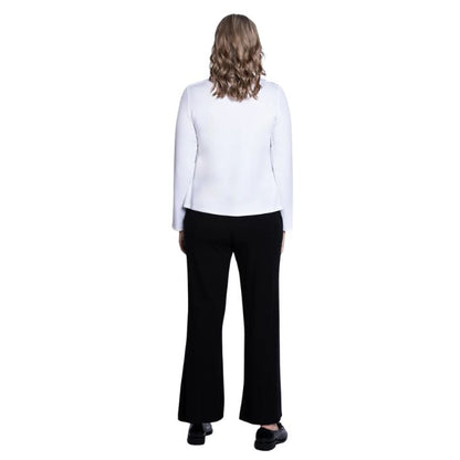 female model wearing mona white long sleeve top and daya black pants back view on white background