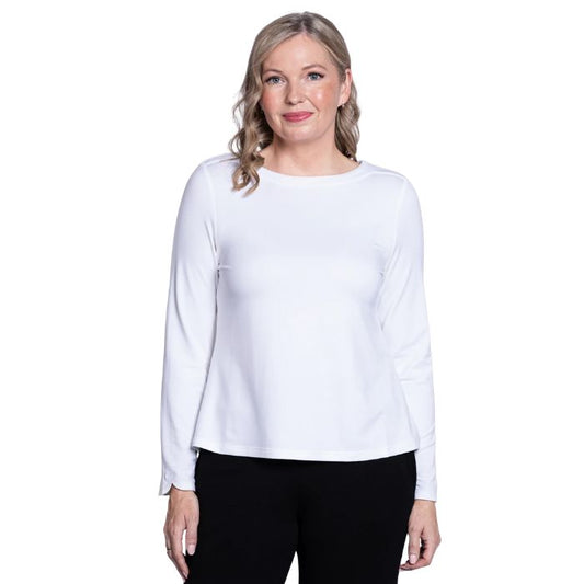 top of female model wearing mona white long sleeve top front view on white background