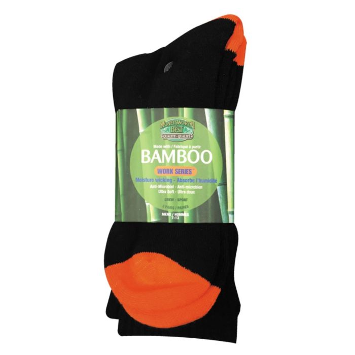 package of moneysworth & best black work crew socks with orange heel and toe