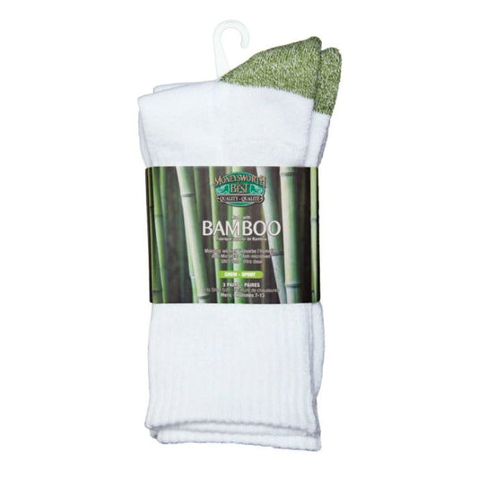 package of moneysworth & best white sport crew socks with green heel and toe