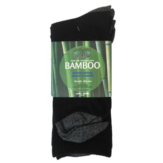 package of moneysworth & best black dress crew socks with grey heel and toe