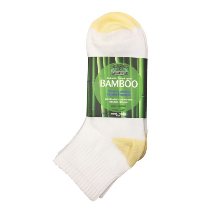 package of moneysworth & best white ankle socks with yellow heel and toe