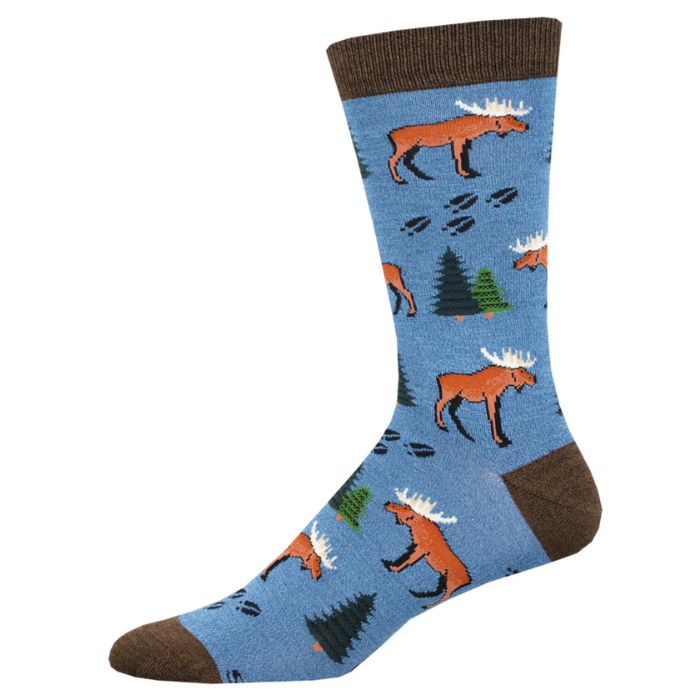 blue crew sock with pine trees, moose and moose track print