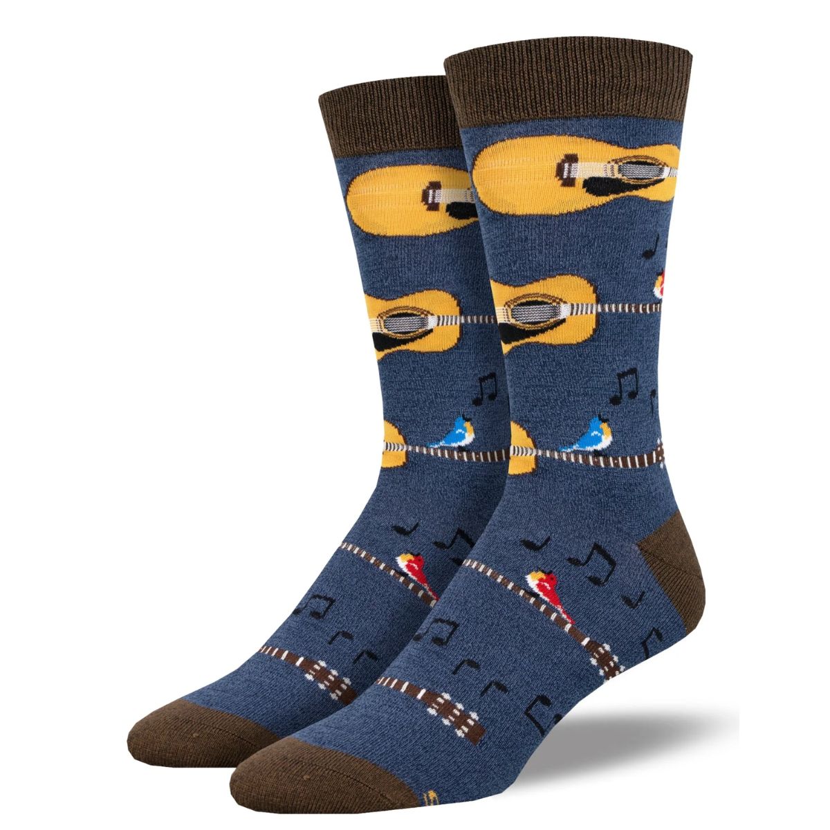 Nice acoustics socks a pair of navy heather blue socks with guitar and music notes print. 