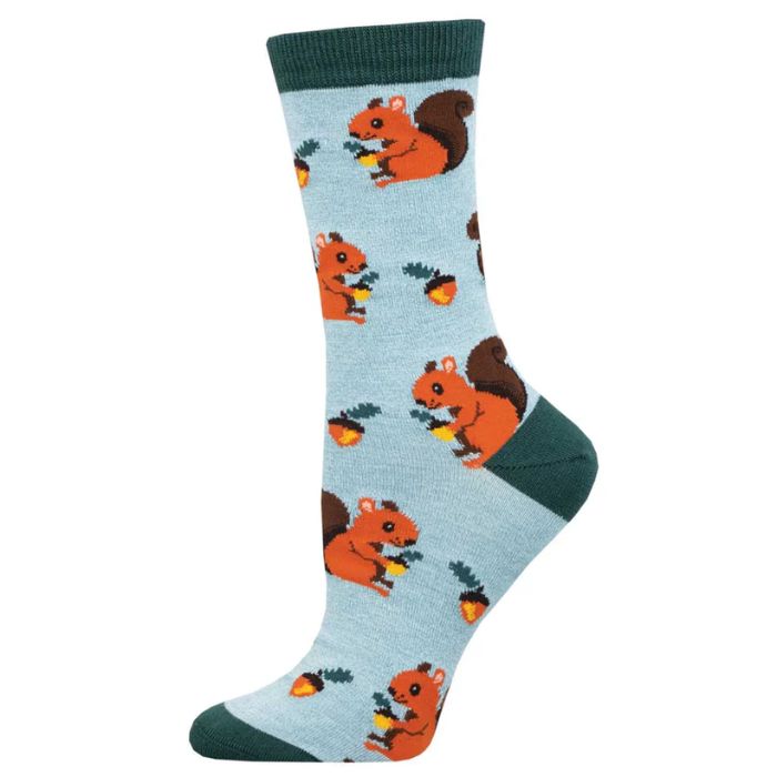 Nuts for squirrels sock blue sock with squirrel and acorn print. 