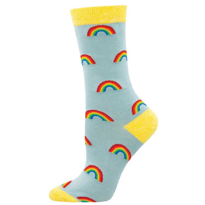 On the bright side sock light blue crew sock with rainbow print