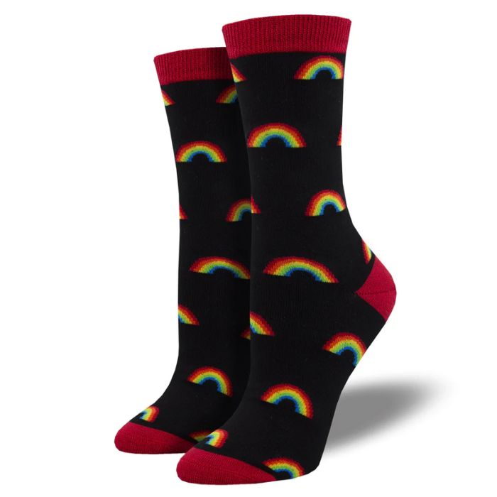 On the bright side sock black crew sock with rainbow print